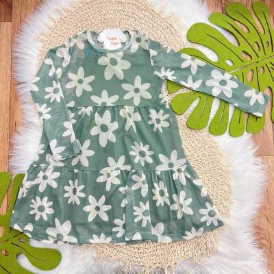Vestido Manga Longa em Tule Floral  - Verde